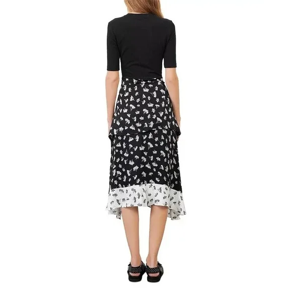 Maje NWT Raprina Mixed Material Midi Dress in Black Floral Size 38 (Medium) - Picture 2 of 11